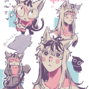 Character sheet of a cat-eared person with expressive sketches
