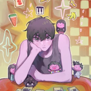 Stylized portrait with chibi companions and playful icons