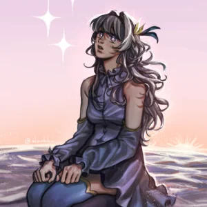 Firefly from Honkai Star Rail in a serene pastel sunset scene