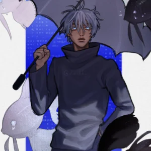 Gojo Satoru holding an umbrella, monochrome attire with deep blues