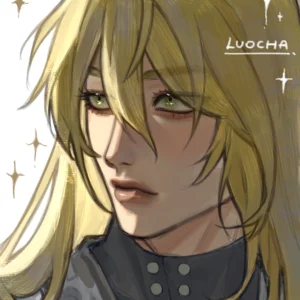 Close-up portrait of Luocha with golden hair and soft lighting