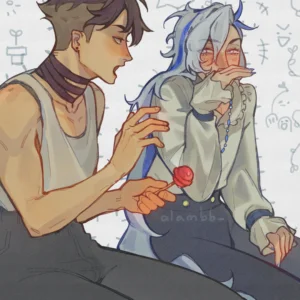 Neuvillette and Wriothesely seated, chatting with a lollipop prop