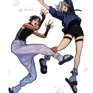 Dynamic jump pose of Scaramouche and Furina on white background