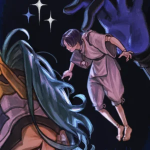 Dramatic scene with Scaramouche amid dark blue lighting and stars