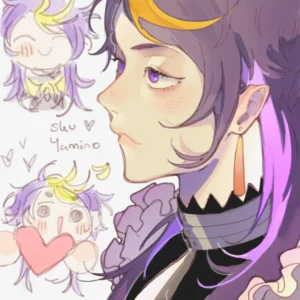 Profile portrait of Shu Yamino with lilac and yellow accents