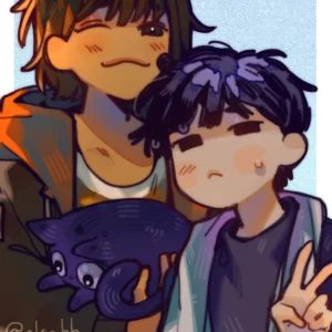 Sunny and Kel from Omori in a pose with bright colors